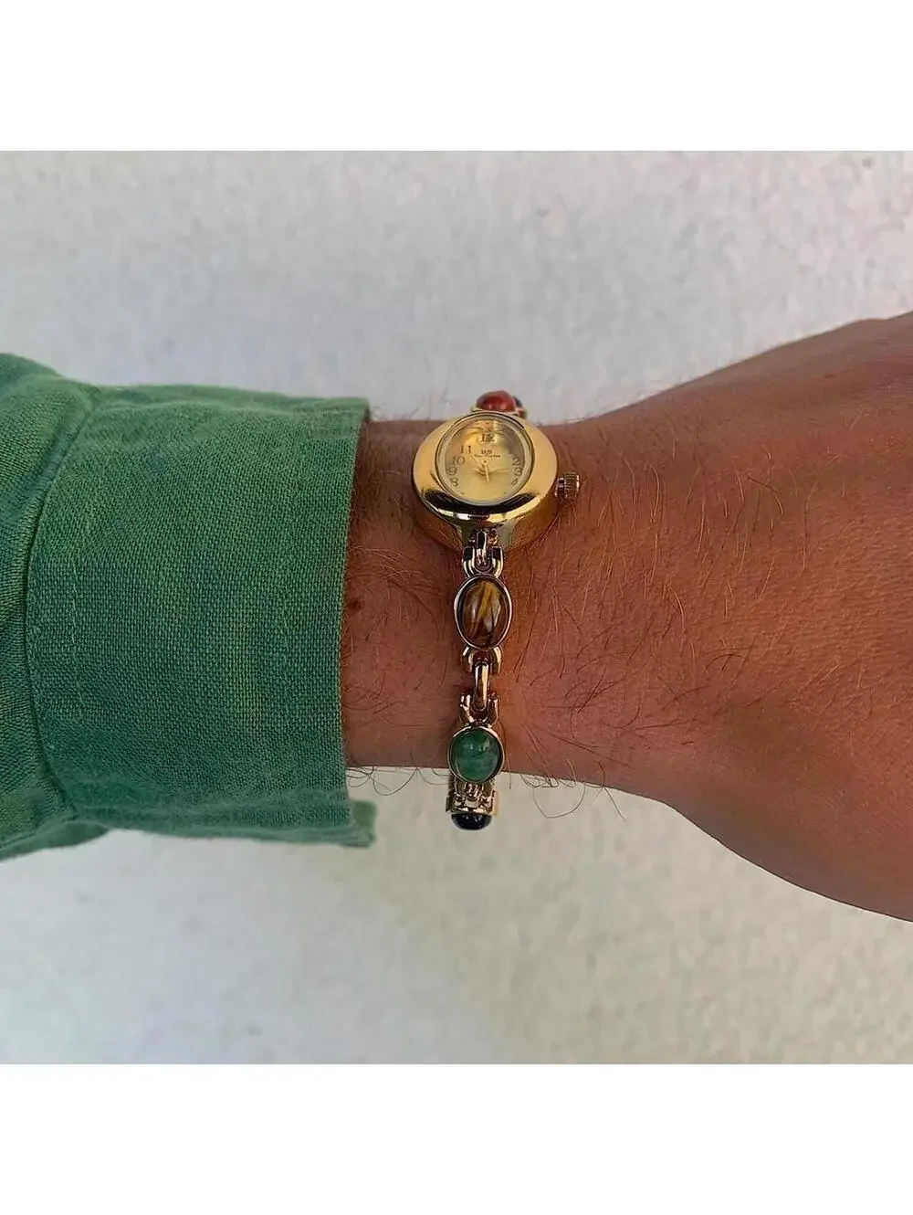 Y2k style Gold style tone quartz watch with glass multicolored jade stone opal
